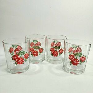 4 - Luminarc Poinsettia Christmas Glasses Holly Snow Flakes White Basket